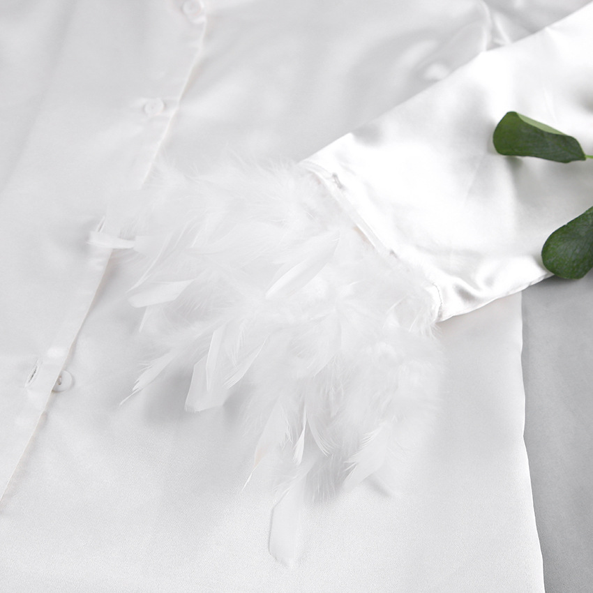 Φθινόπωρο 2024 Ευρωπαϊκές και Αμερικανικές Πιτζάμες από Μεταξωτό Πάγο Μόδα Πουκάμισο με Φτερά Στρουθοκαμήλου Παντελόνι Χαλαρά Δύο Τεμαχίων Ρούχα Σπιτιού από Φτερά για Γυναίκες_voghion.com