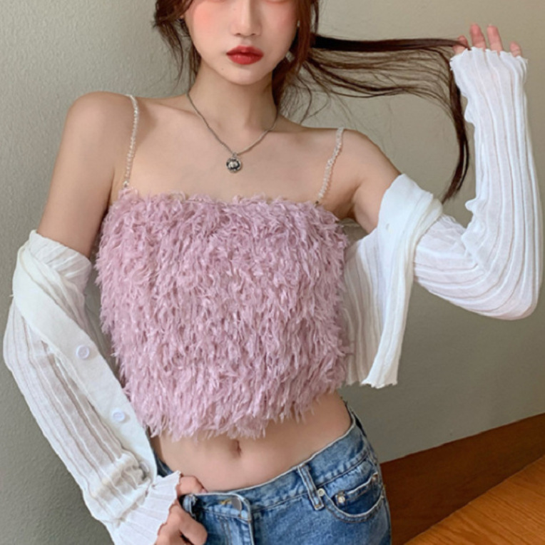 Autumn and winter new fashion versatile furry tassel sexy age-reducing camisole Korean style exposed clavicle chain tube top