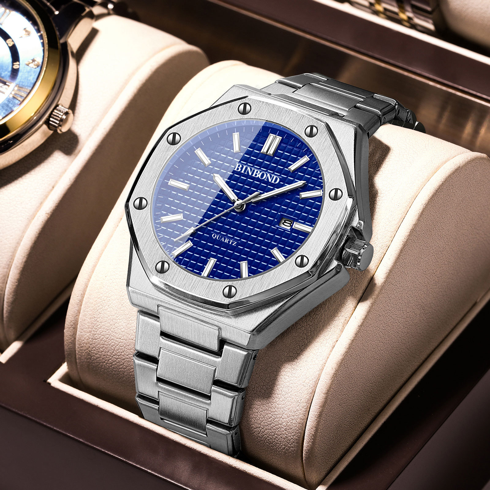 BINBOND Fashion Men's Watch Alloy Strap Octagon with Screw Decorative Ring Quartz Movement Amazon Explosions