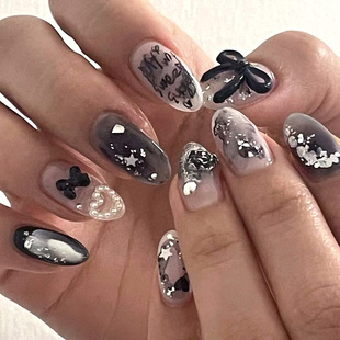 Black three-dimensional bow wear nail Pearl Love star nail beauty piece gradient sequin letter almond nail piece