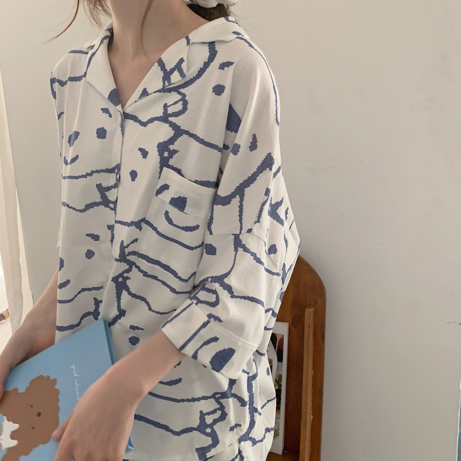 ins Fresh Pajamas Women's Summer Short-sleeved Shorts Korean Style Cardigan Large Size Korean Style Japanese Style Home Clothes Two-piece Suit