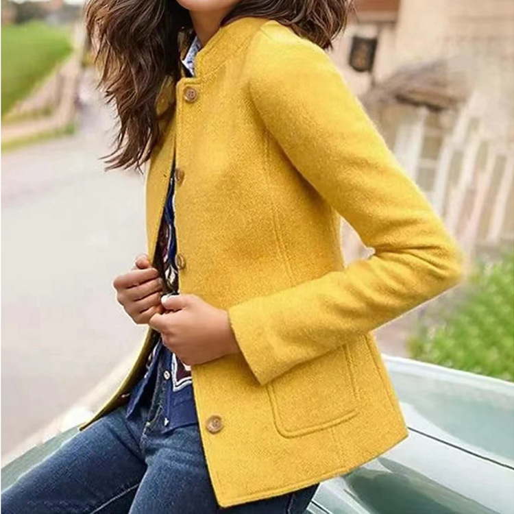 2023 Winter New eaby independent stand solid color woolen stand collar simple long sleeve breasted short coat_voghion.com