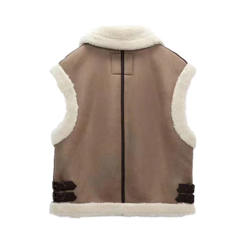 2022 European and American autumn and winter new women's brown fur one-piece lapel vest coat thickened vest K4-6353
