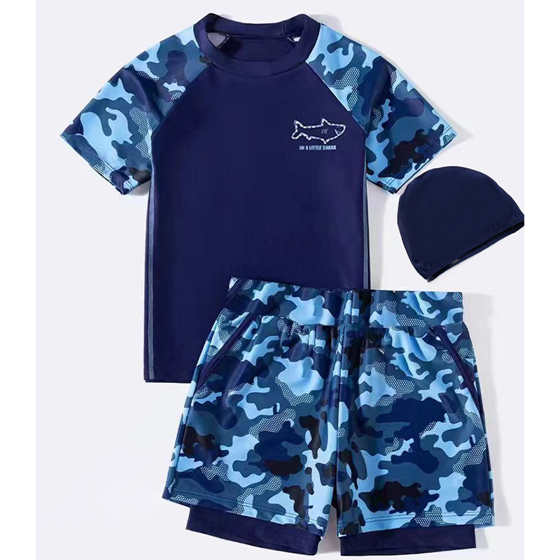 Men's Big Children's Swimsuit suit New Fashion plus size Fake Two-piece Anti-embarrassment Printed Sports Swimming