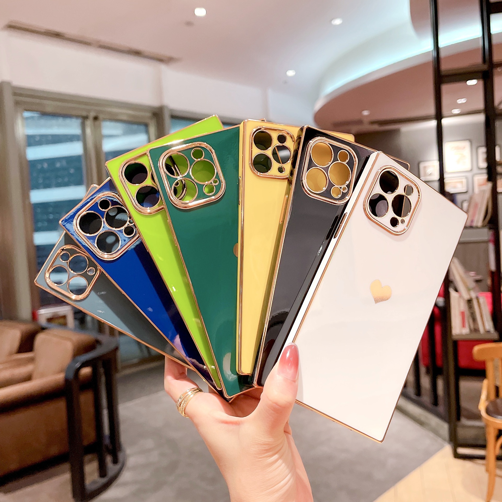 糖果色方形電鍍愛心適用iPhone13pro max手機殼蘋果14/11保護套XR