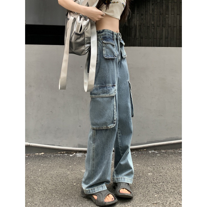 Women's Plus Size Fat Girl Tooling Jeans Loose Casual Straight Pocket Wide Leg Vintage American Style Mop Jeans