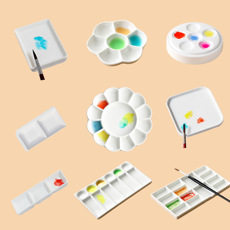 Ceramic palette Chinese painting watercolor gouache pigment plate multi-grid pure white square plate art student special painting paint plate
