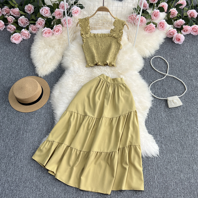 Seaside Holiday Fashion suit women's mid-length high waist A- line cake skirt two-piece western style camisole