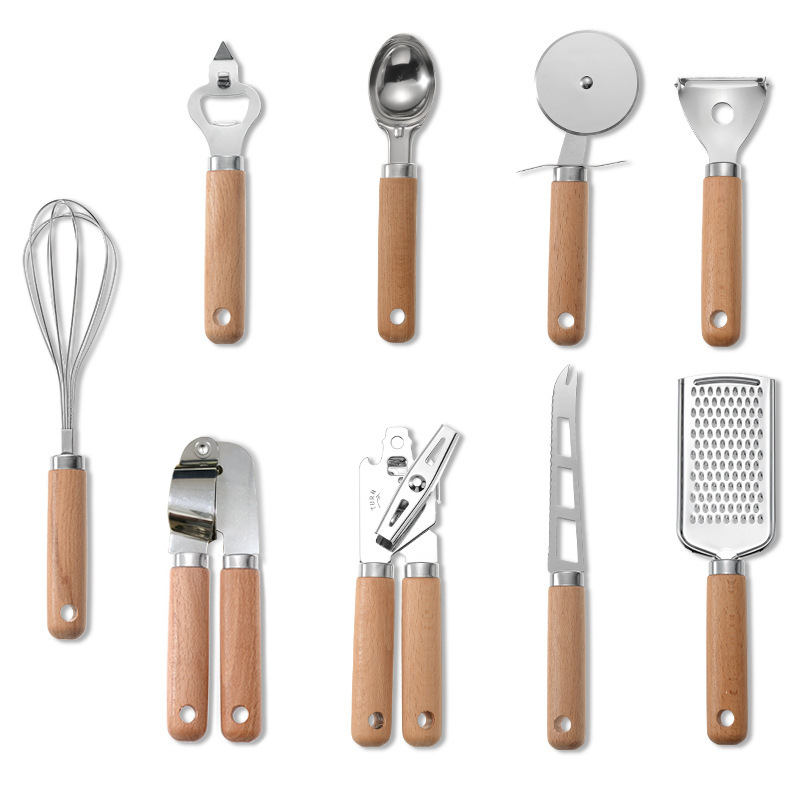 Kitchen gadgets wooden handle small kitchenware stainless steel egg beater miscellaneous pieces baking set Pizza cheese knife