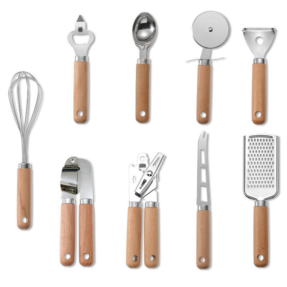 Kitchen gadgets wooden handle small kitchenware stainless steel egg beater miscellaneous pieces baking set Pizza cheese knife