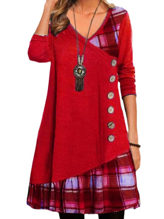 2023 Europe and America Amazon independent station TEMU cross-border new women's casual stitching button long sleeve dress