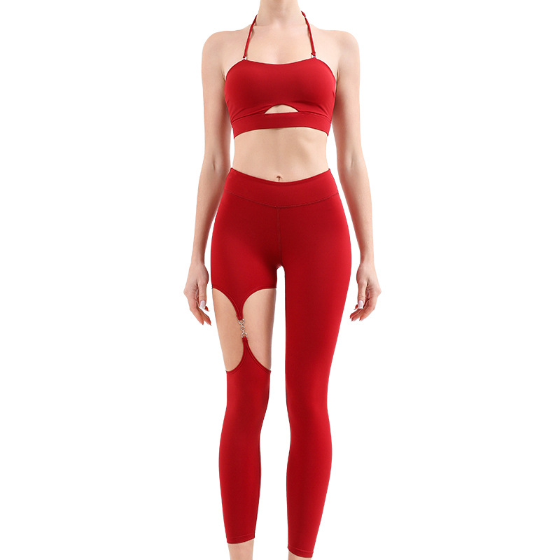 Foreign trade cross-border yoga suit women's chest pad back wrap chest shock-proof fitness vest high waist quick-drying hollow-out trousers