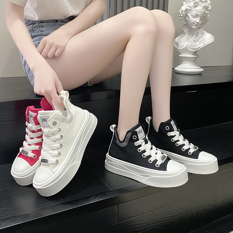 2023 Foreign Trade New INS Fashionable Shoes Canvas Women's Shoes Women's Thick Sole Height Increasing Student's Shoes White Shoes Round Head Middle Top