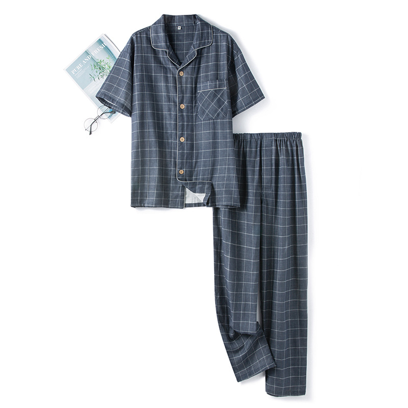 Pure Cotton non-printed large plaid double-layer yarn men's good long short-sleeved trousers pajamas home wear suit one-piece delivery