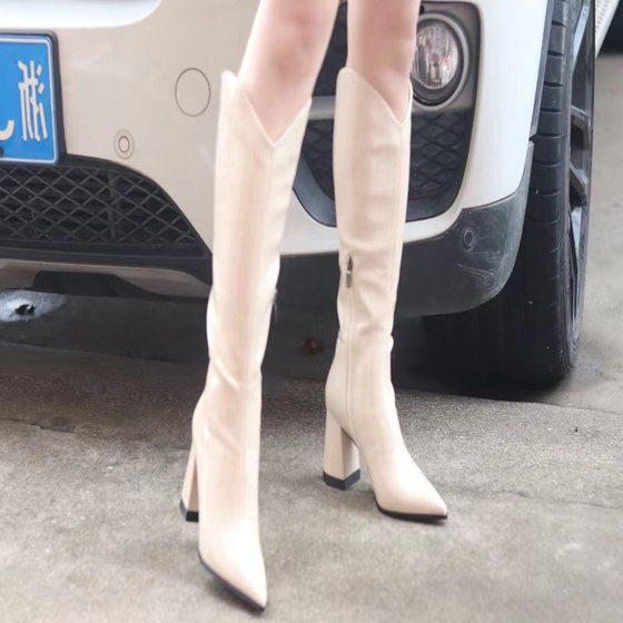 Women's knee-length boots, pointed toe chunky heel riding boots, Chelsea V-mouth thin boots, autumn and winter 2023