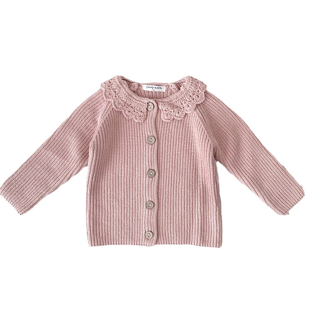 Cutemily autumn and winter cross-border baby girl hand hook lotus leaf collar cardigan baby girl thick vintage sweater coat