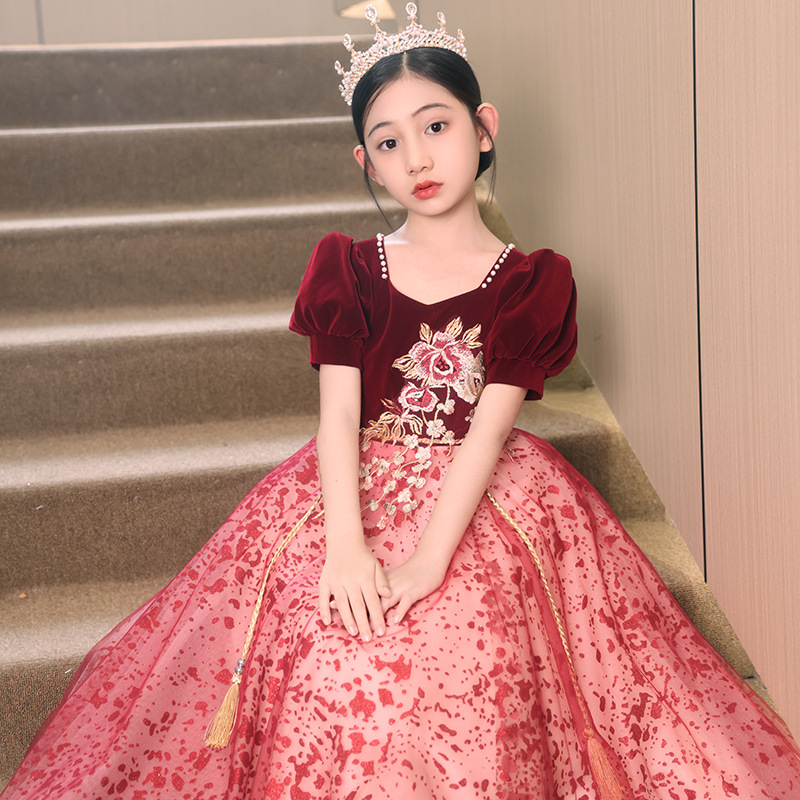 Girls' velvet evening dress host dress Princess dress autumn violin performance dress piano performance dress