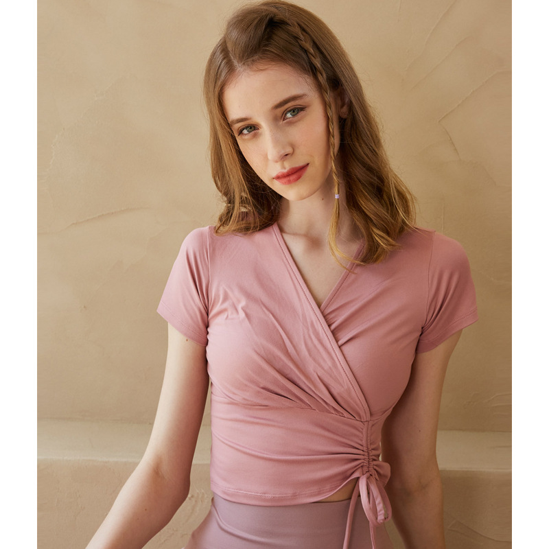 23 summer fashion new short sleeve yoga clothes V-neck cross tied rope thin waist sports Pilates ballet style top