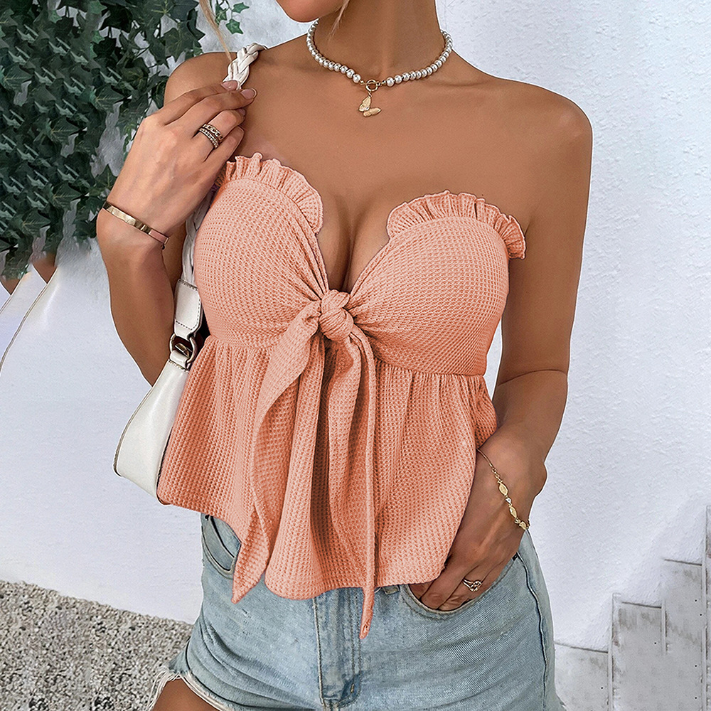 2024 cross-border European and American women's new sexy tube top strap waist ruffled ultra short sleeveless vest