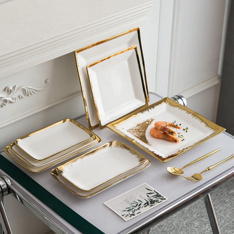 Simple light luxury Western plate steak cake snack plate restaurant banquet household dish golden edge ceramic plate fruit plate