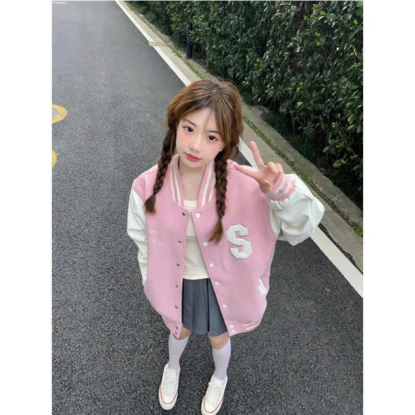 Vintage Academy Style Fleece-lined Pink Baseball Suit Women's Spring and Autumn New All-match Thickened Jacket Cardigan Jacket Women's Coat