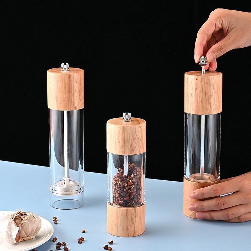 Oak Cylindrical Manual Grinder Transparent Pepper Mill Salt Grinding Ceramic Core Multi-use Seasoning Bottle Kitchen Tools