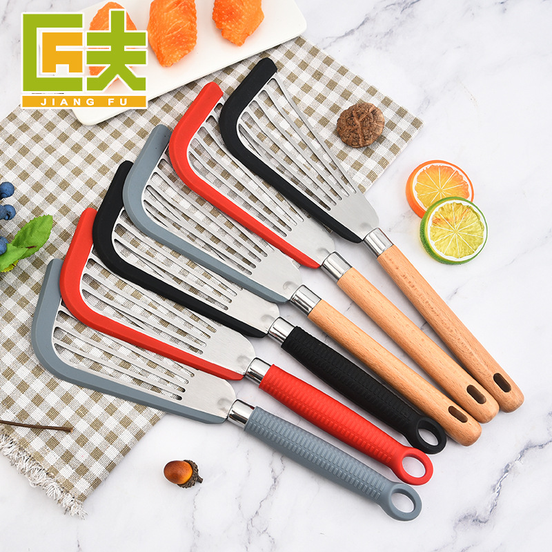 Factory Stainless Steel Bag Silicone Fish Shovel Household Stainless Steel Steak Shovel Wooden Handle Fried Fish Shovel Cooking Kitchenware Wholesale
