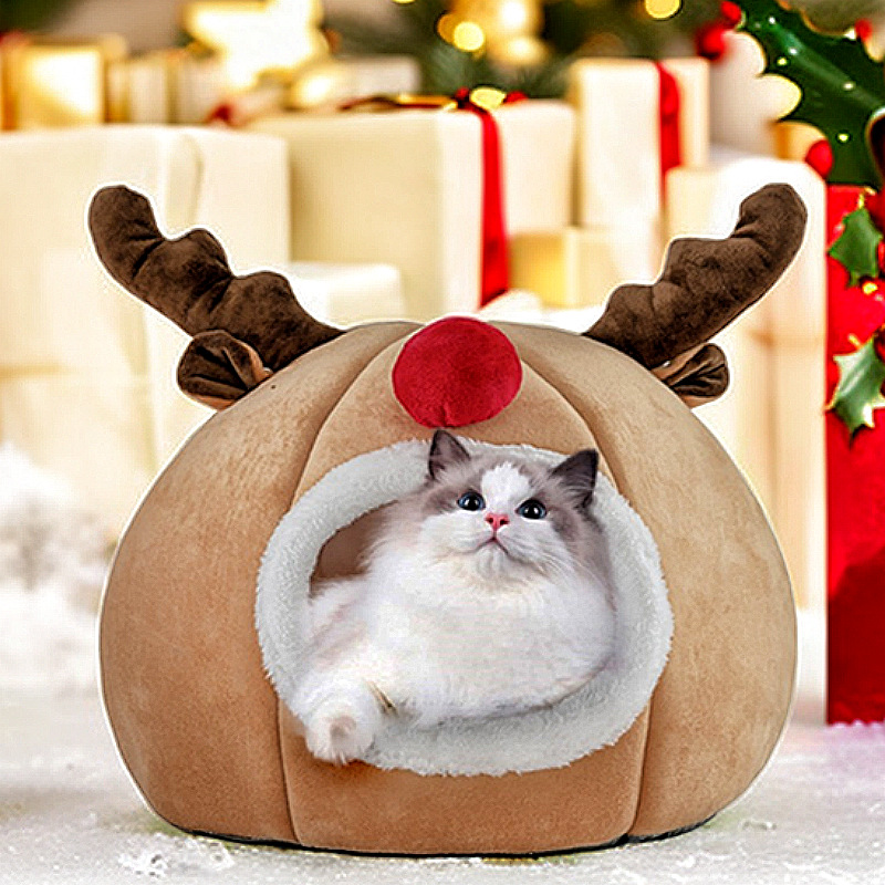 Autumn and winter warm cross-border pet supplies three-dimensional sponge cat nest creative pet nest tent Christmas reindeer dog kennel