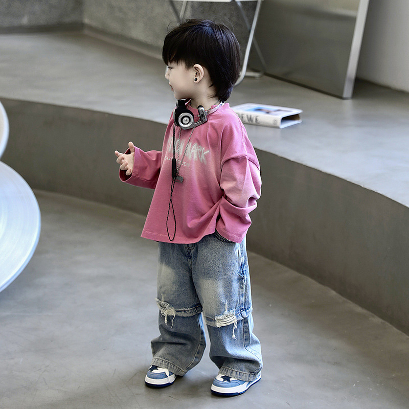 Autumn 2024 New Korean Style Children's Stitching Ripped Casual Boys Jeans Baby Loose Trousers Trendy
