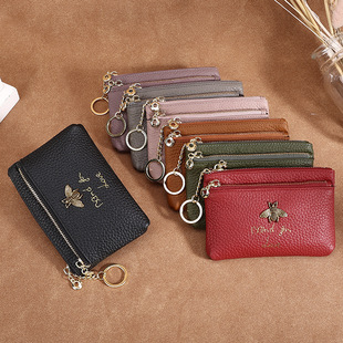 First Layer Cowhide European and American Bee Women's Zipper Genuine Leather Coin Purse Genuine Key Ring Bag Mini Coin Bag