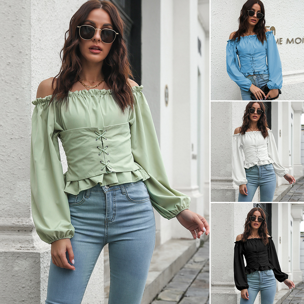 Independent Station Explosions Front Strap Lantern Sleeve Off-line Collar Waist Tunic Short Top Women's Long Sleeve Chiffon Shirt New