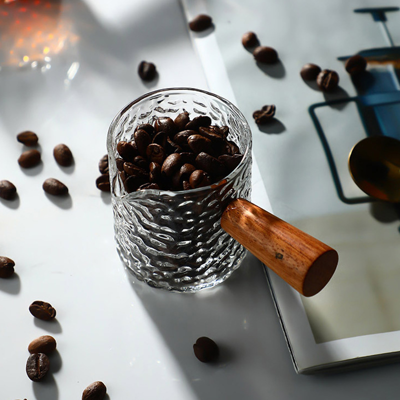 Simple Glass Striped Small Milk Cup Vertical Grain Glass Coffee Measuring Cup Hammer Solid Wood Wooden Handle Milk Pot Wooden Handle Coffee Cup