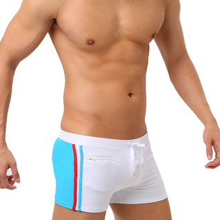 UXH European and American foreign trade color with zipper men's boxer swimming trunks tie rope sexy beach professional Four Corner swimming trunks