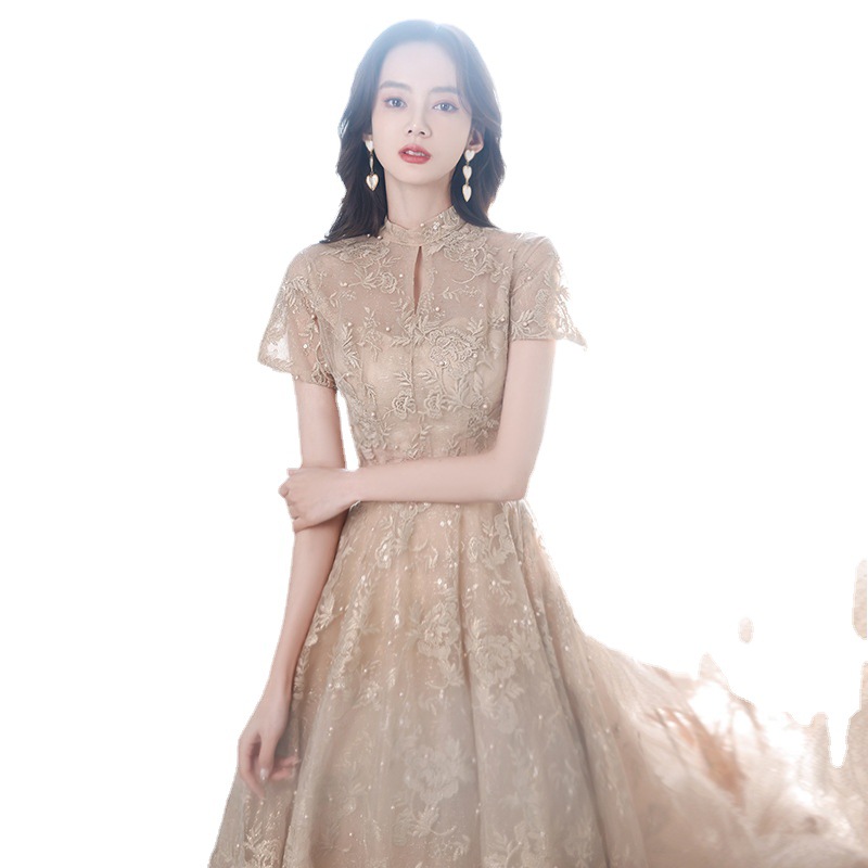 French Evening Dress for Women 2024 New Style Celebrity Party Elegant Banquet Small Man Champagne Bridesmaid Dress