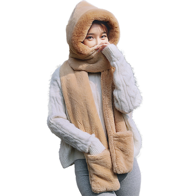 2024 Korean Style Solid Color Imitation Rabbit Hair Hooded Scarf Autumn and Winter Scarf Hat Gloves Three-piece Set Warm Scarf