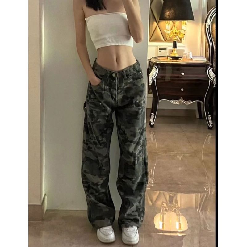 Camouflage overalls women's summer American retro hiphop hot girl casual Denim pants high street fashion brand ins