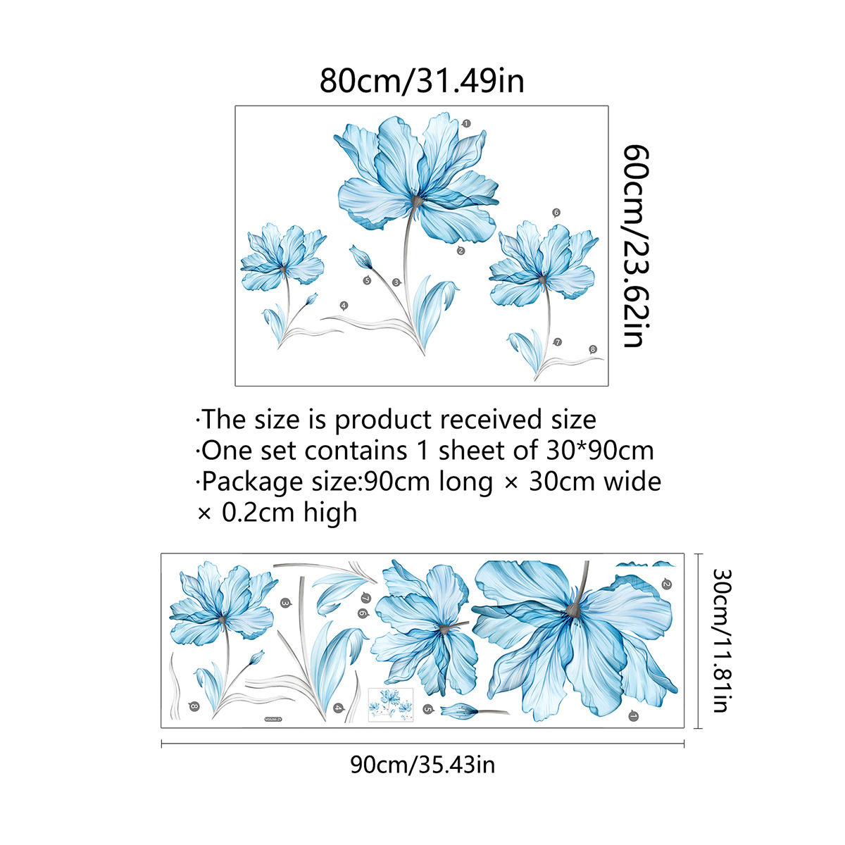 MS6266-ZY New Light Blue Flower Hall bedroom background decorative wall stickers PVC stickers
