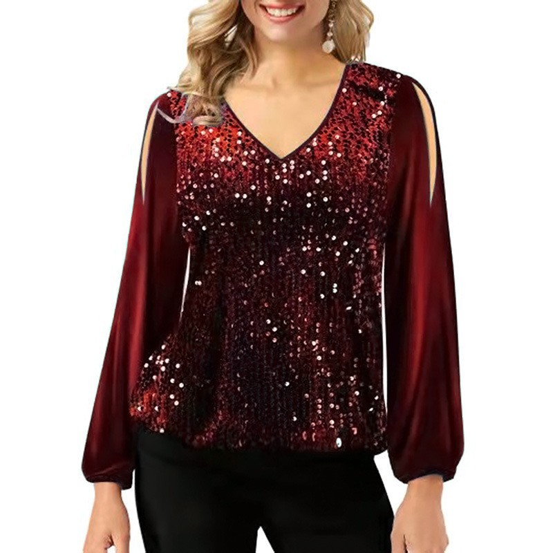  spring and summer European and American V-neck pullover tops with sequins and missing shoulders, fashionable lantern sleeves women's T-shirts