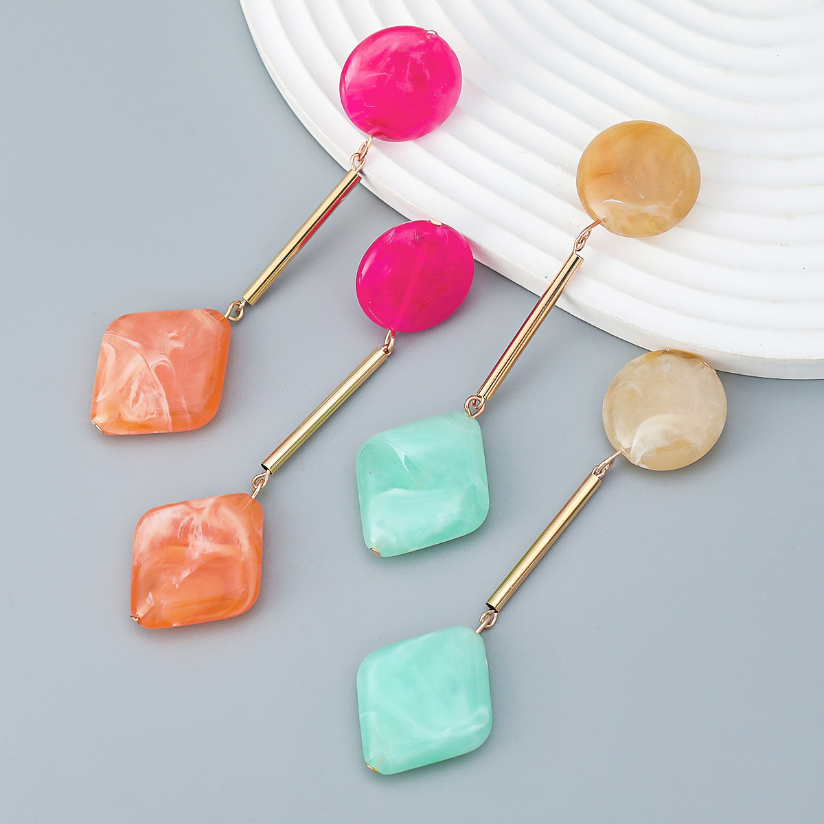 跨境新款歐美耳環幾何耳飾少女圓形方形樹脂長款耳墜批發earrings