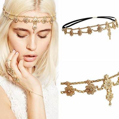 European and American Fashion Bohemian Forehead Inlaid Pearl Flower Elastic Tassel Headband Headband Headband Women's Jewelry