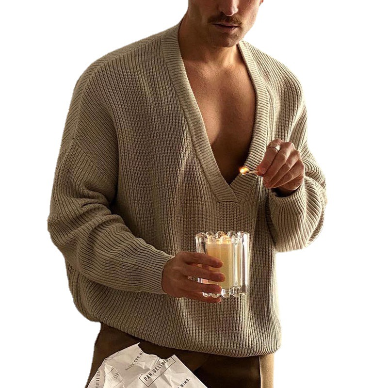 Autumn New European and American Amazon Cross-border Long-sleeved Grey Large Size Sweater V-neck Pullover Loose Sweater for Men
