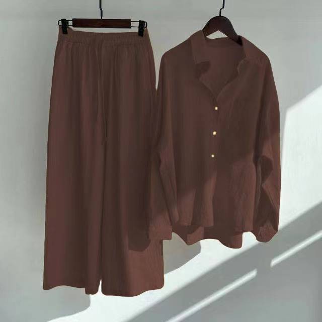 Cross-border  Women's 2-piece Vintage Plus Size 2022 Cotton and Linen Shirt Set High Waist Loose Trousers_voghion.com