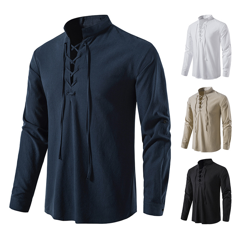 Amazon men's cotton and linen Henry shirt long sleeve hippie casual beach stand collar shirt A275
