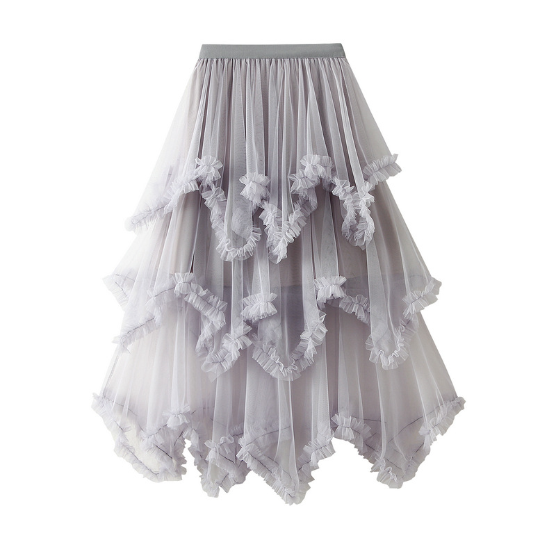 Ear Edge Irregular Mesh Cake Skirt Mid-length High Waist Large Puff Fairy Veil Skirt 1279