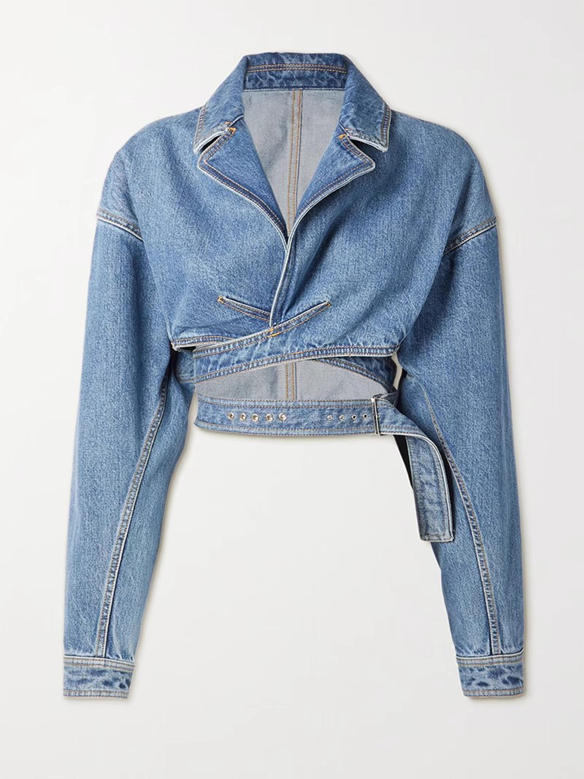 Niche design top coat 2024 spring cross cardigan hollow-out waist lace-up short women's Denim jacket