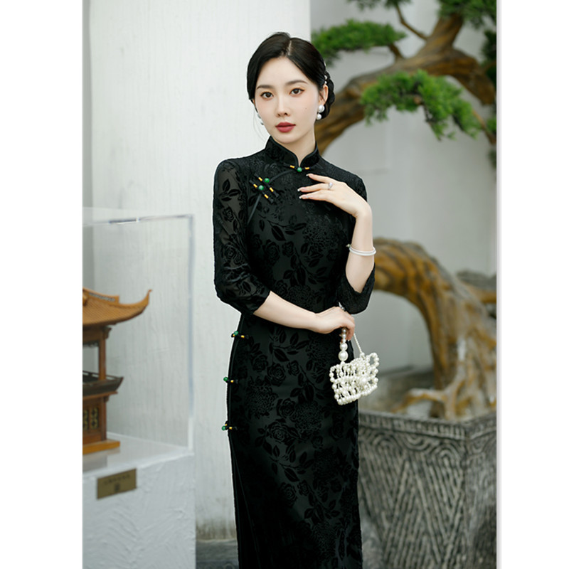 老上海復古國風絲絨長款中袖旗袍2025春夏新款中老年女士大碼旗袍
