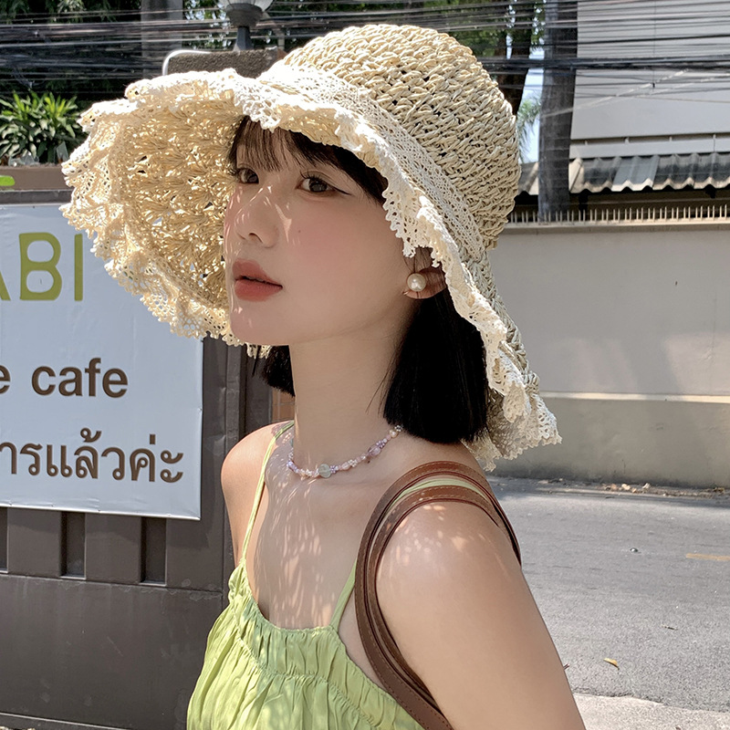 Hollow Ribbon Straw hat female summer seaside vacation straw sun protection hat Japanese beach sweet sun hat