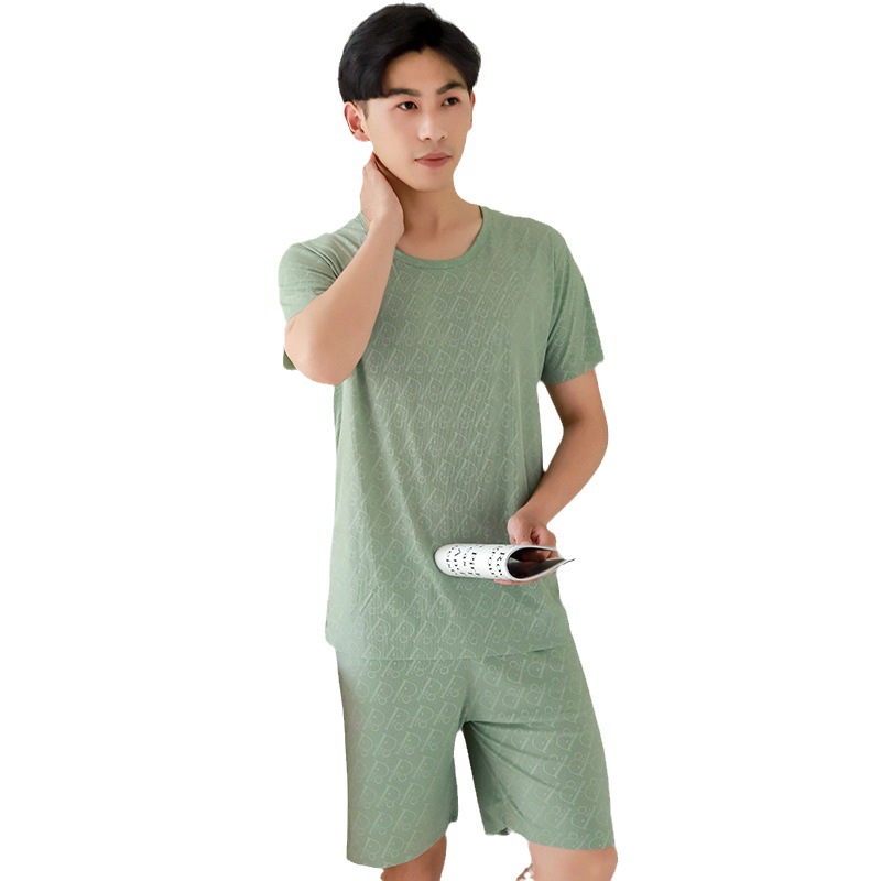Couple Women Men's New Round Neck Short-sleeved Pajama Pants suit Summer Shorts Men's Thin Traceless Ice Silk Home Clothes