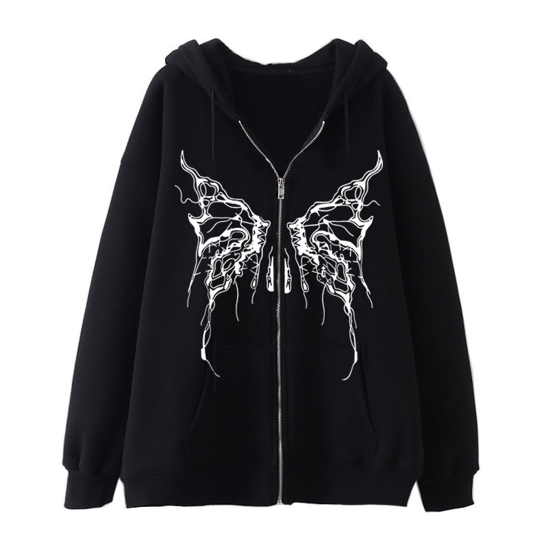 2022 Personality Hollow Butterfly Print Zipper Sweater Casual Large Size Cardigan Jacket Autumn and Winter Fleece Hoodie