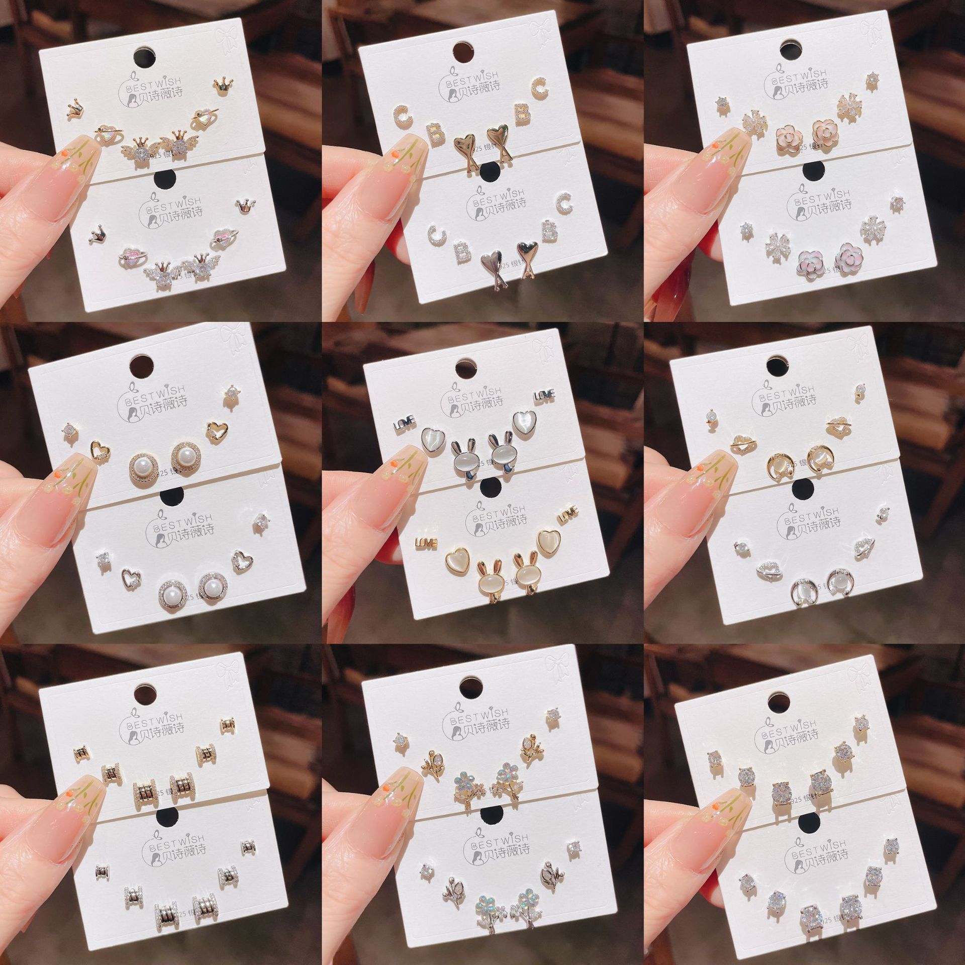 High quality s925 silver needle zircon 6 suit small earrings female Korean simple temperament three pairs of earrings wholesale